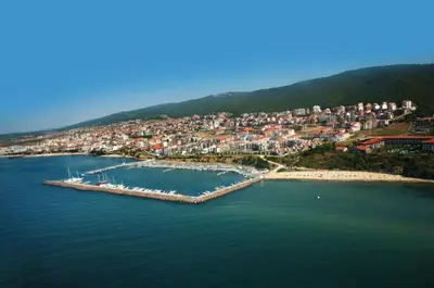 an aerial view of a harbor with a city at HORIZON 3 'Б' Studio Sveti Vlas in Sveti Vlas