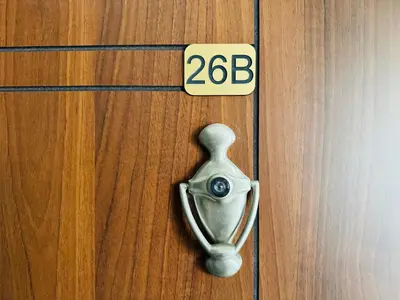a door with a door knob on a wooden door at HORIZON 26 'В' Apartment Sveti Vlas in Sveti Vlas