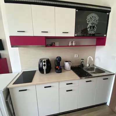 a kitchen with white cabinets and a skull on the wall at Апартамент за гости ДЕНИЦА in Obzor