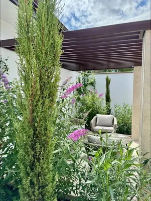 a garden with a chair and some plants at Courtyard Villa, Aleksandrovo in Aleksandrovo