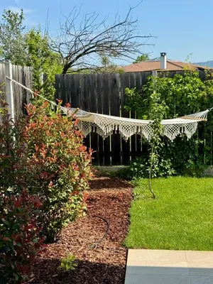 a garden with a hammock in a yard at Courtyard Villa, Aleksandrovo in Aleksandrovo