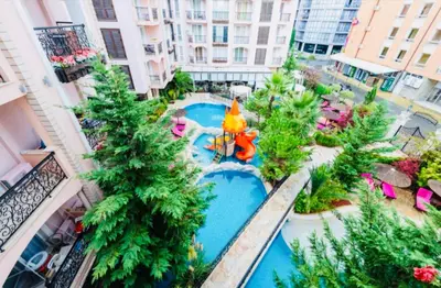 an overhead view of a swimming pool in a building at ROMANCE MARIN 410 Studio Sunny Beach in Sunny Beach