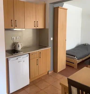 a kitchen with a refrigerator and a bed in a room at Ubytování krásném a klidném prostředí V soukromém apartmánu in Aheloy