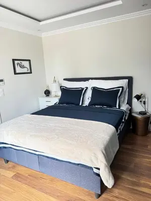 a bedroom with a large bed with blue pillows at Anabel Home in Burgas City