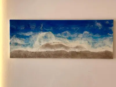 a painting of a cloudy sky on a wall at Pool apartment on the beach in Burgas City