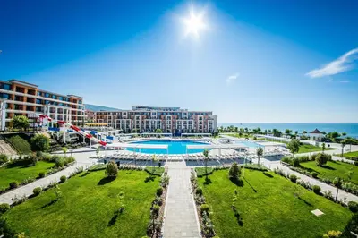 an aerial view of a resort with a swimming pool at Sea view Prestige Fort beach Apartment in Sveti Vlas