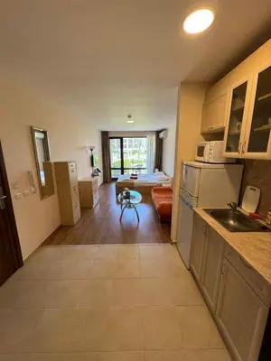 a kitchen with a sink and a living room at Sea View Premier Fort Beach Sveti Vlas in Sunny Beach