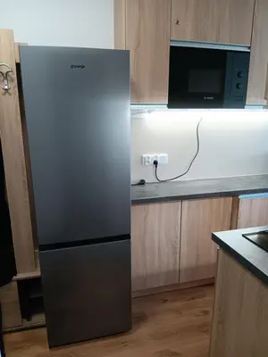a black refrigerator in a kitchen next to a microwave at Royal Palm Studio, Sveti Vlas in Sveti Vlas