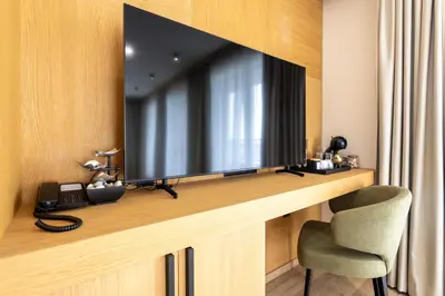 a flat screen tv sitting on top of a wooden wall at Natura All Seasons Boutique Hotel in Burgas City