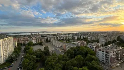 an aerial view of a city with buildings at Апартамент Панорама Славейков in Burgas City