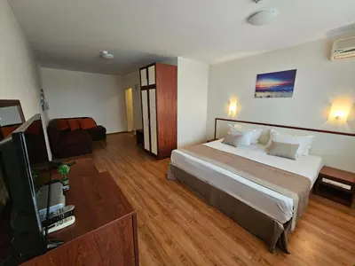 a hotel room with a large bed and a television at Sea Vista Hotel in Sveti Vlas