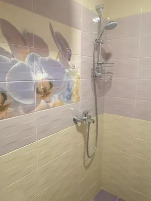 a bathroom with a shower with a painting on the wall at Astell Superior Studio in Burgas City
