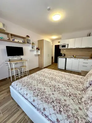 a bedroom with a large bed and a kitchen at Studio at Kaskadas A44 in Sunny Beach