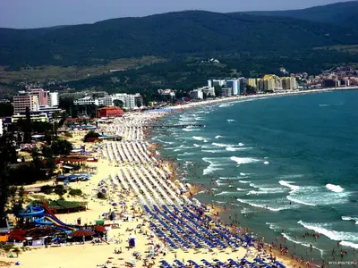a crowded beach with umbrellas and crowds of people at Rose Village Private Apartment in Sunny Beach