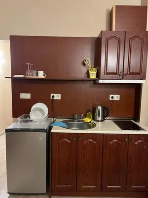 a kitchen with a sink and wooden cabinets at Private room Festa Pomorie in Pomorie