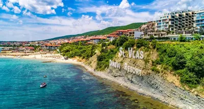 an aerial view of a beach with buildings on a hill at Elegant Apartment Artur in Sveti Vlas