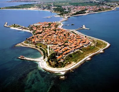 an aerial view of an island in the water at Elegant Apartment Artur in Sveti Vlas