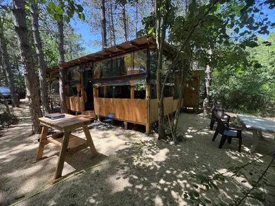 a tree house in the middle of a forest at Каравана градина in Sozopol