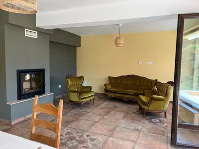 a living room with a couch and chairs and a fireplace at Villa Alessandra in Emona