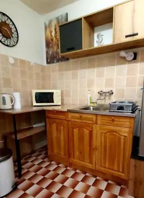 a kitchen with a sink and a microwave at Stela in Burgas City