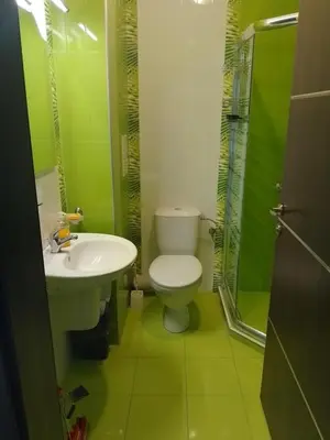 a green bathroom with a toilet and a sink at Studio 41 in Ravda