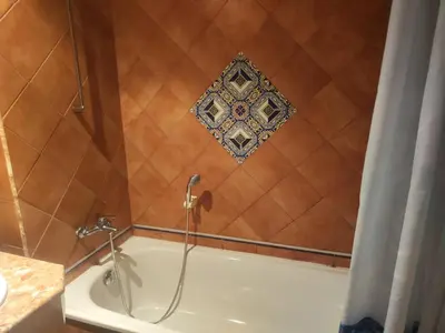 a bathroom with a bath tub with a shower curtain at Elenite Sea View Apartments in Elenite