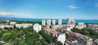 an aerial view of a city with tall buildings at Апартамент Панорама Лазур in Burgas City