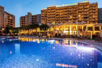 a large swimming pool in front of a hotel at Apartment in Royal Beach Barcelo in Sunny Beach