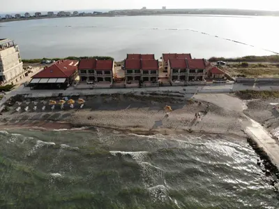 an aerial view of a resort on the beach at Solar Rise apartment in Pomorie