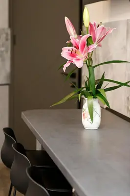 a vase filled with pink flowers sitting on a table at Deluxe 3 Studio City Center in Burgas City