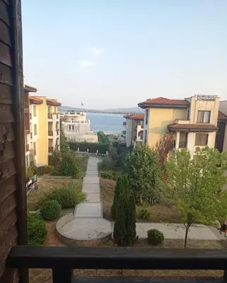 a view from a window of a street with buildings at Студио Море in Chernomorets