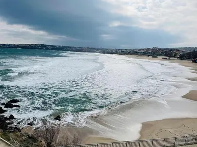 an aerial view of a beach with the ocean at Studio Kikki Sozopol in Sozopol