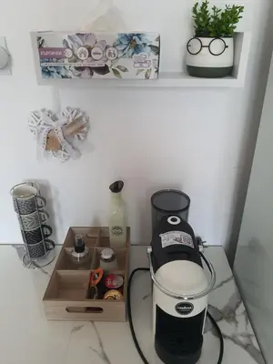 a kitchen counter with a blender and a box at Apartments Lozenets in Lozenets