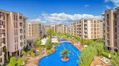 an aerial view of a resort with a swimming pool at Cascadas pool view luxury apartment Sunny beach in Sunny Beach