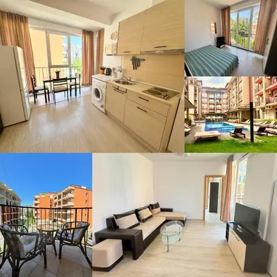 a collage of photos of a kitchen and a living room at Sunny View Central Sunny Beach in Sunny Beach