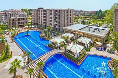 an overhead view of a pool at a resort at Cascadas Family Resort apartment pool view in Sunny Beach