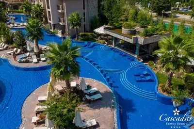 an aerial view of a pool at a resort at Cascadas Family Resort apartment pool view in Sunny Beach