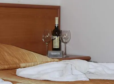 a bottle of wine and two wine glasses on a table at Concordia Plaza 2 in Primorsko