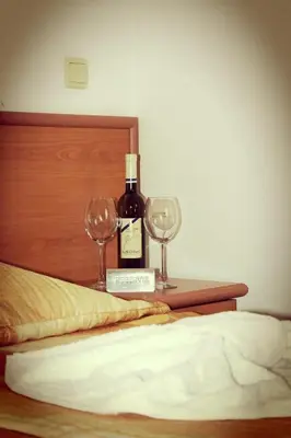 a bottle of wine and two glasses on a bed at Concordia Plaza 2 in Primorsko
