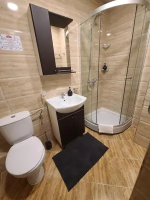 a bathroom with a toilet and a sink and a shower at Privet apartament in Premier Fort in Sveti Vlas