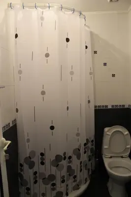 a bathroom with a toilet and a shower curtain at Stela Guest House in Tsarevo