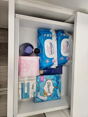 a cabinet filled with milk and toilet paper at Ann's apartment in Varna City