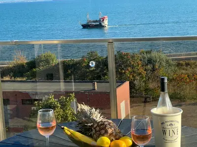 a table with a bottle of wine and a pineapple and a glass at Apartament Panorama in Pomorie