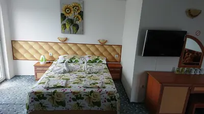 a hotel room with a bed and a television at Sianie Guest House in Ravda