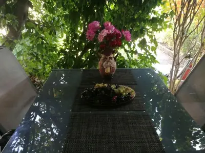 a table with a plate of food and a vase with flowers at Вилла Яна in Sveti Vlas