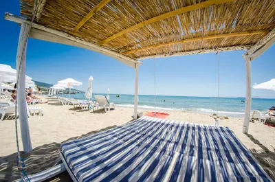 a hammock on a beach with a view of the ocean at Premier Fort Cuisine - Full Board in Sunny Beach