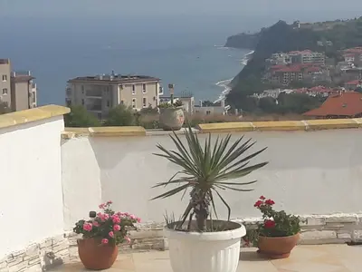 a potted plant on a balcony with a view of the ocean at Villa Byala Grape House in Byala
