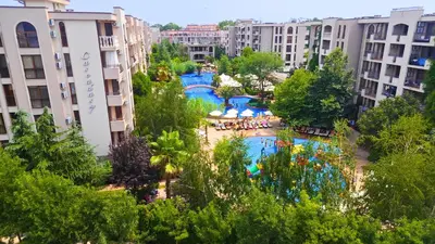 an aerial view of a resort with buildings at Attractive Apartment in Sunny Beach Cascadas Family Resort in Sunny Beach