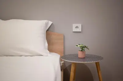 a table with a potted plant on it next to a bed at Central Apartments with Patio Close to Sea in Varna City