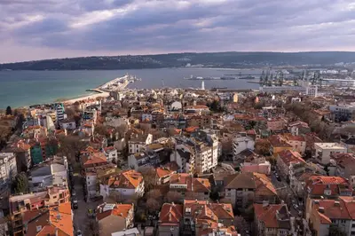 an aerial view of a city with a harbor at Central Apartments with Patio Close to Sea in Varna City